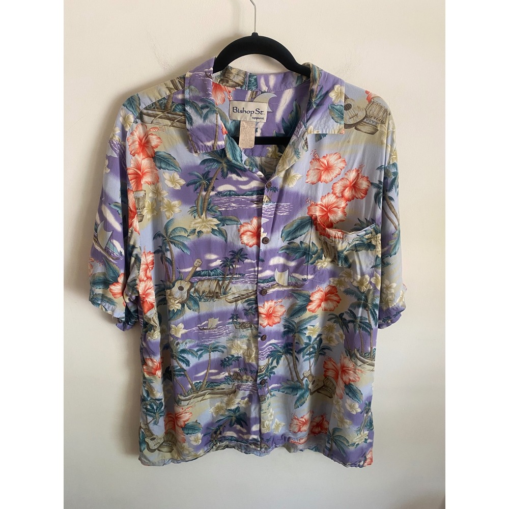 Bishop St Apparel Mens Purple‎ Tropical Hawaiian Shirt Rayon Made in Hawaii XL